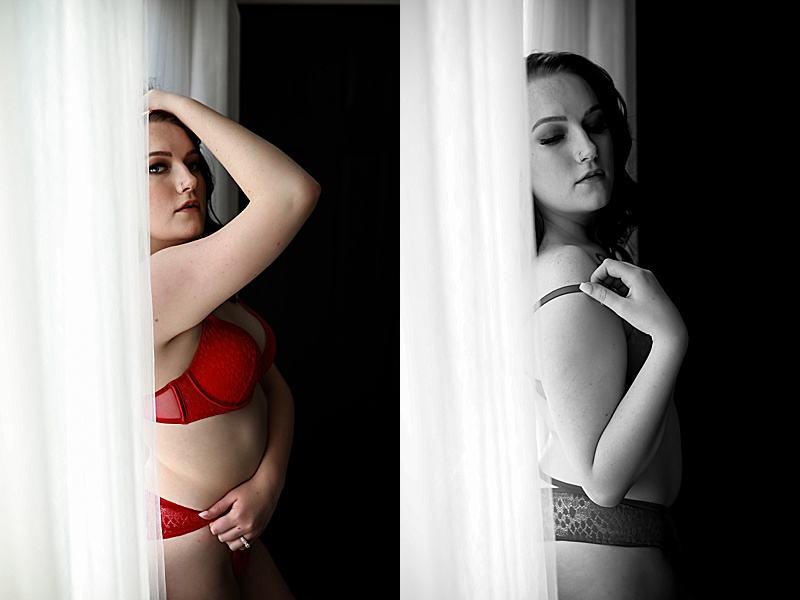 boudoir-photos- of-Woman-wearing-red-lingerie-posing-on-a-big-window