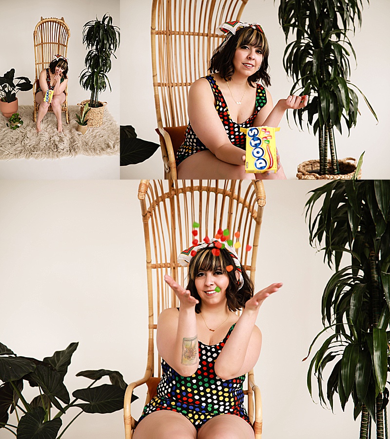 Gallery-of-a-woman-wearing-polka-dot-pj-set-sitting-in-a-large-rattan-chair-eating-dots