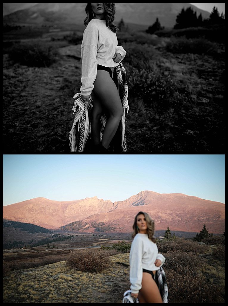 Colorado-boudoir-image-of-a-woman-wrapped-in-a-blanket-standing-at-the-top-of-a-mountain