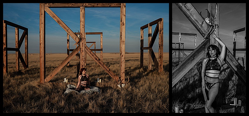 Witchy-women-dressed-in-lingerie-and-cloaks-posing-in-front-of-wooden-structures-in-the-middle-of-a-field