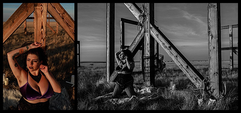 Witchy-women-dressed-in-lingerie-and-cloaks-posing-in-front-of-wooden-structures-in-the-middle-of-a-field