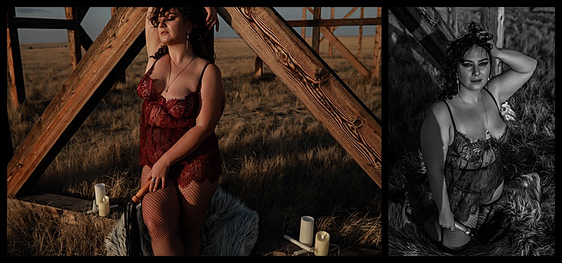 Witchy-women-dressed-in-lingerie-and-cloaks-posing-in-front-of-wooden-structures-in-the-middle-of-a-field