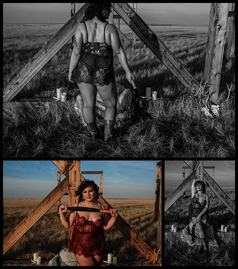 Witchy-women-dressed-in-lingerie-and-cloaks-posing-in-front-of-wooden-structures-in-the-middle-of-a-field