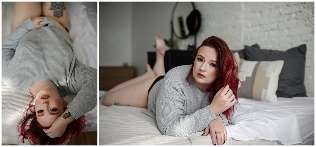 Collage-of-a-woman-laying-on-a-bed-with-dark-pink-hair-wearing-grey-sweater-and-black-bottoms