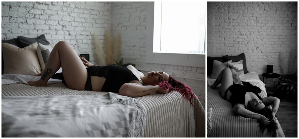 Colorado-boudoir-photos-of-a-woman-wearing-a-shear-black-dress-posing-on-a-bed