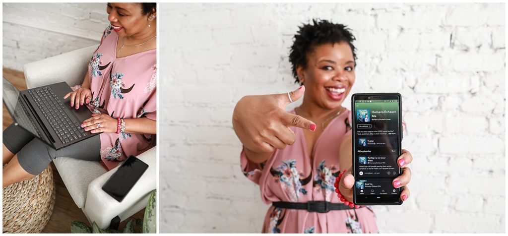 Two-images-of-a-woman-in-pink-on-a-laptop-and-holding-her-phone