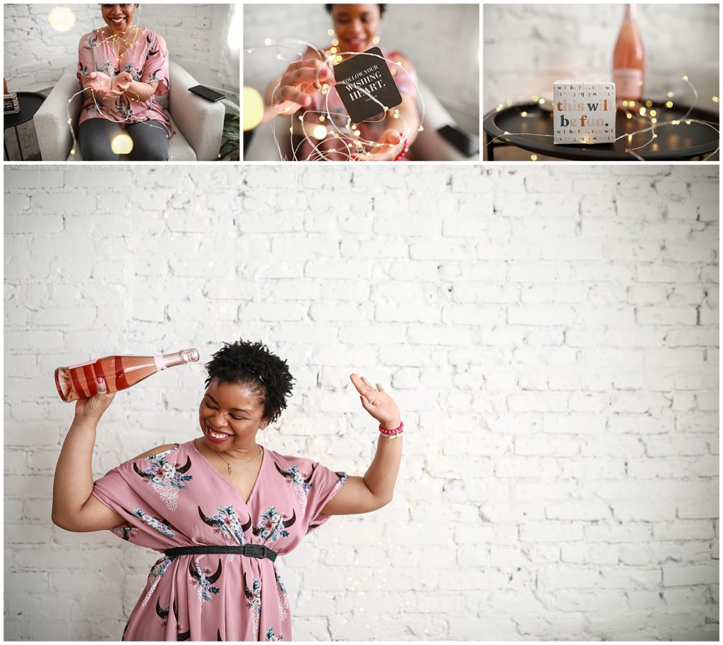 Collage-of-woman-wrapped-in-twinkle-lights-holding-either-champagne-or-inspirational-cards