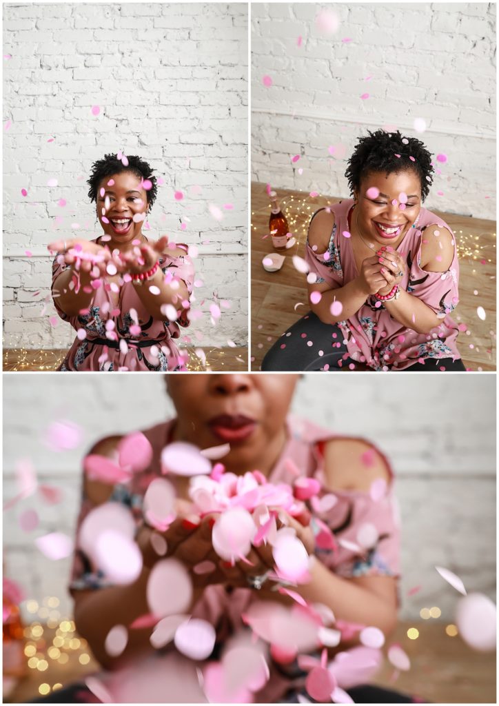 Collage-of-woman-with-pink-confetti-falling-around-her