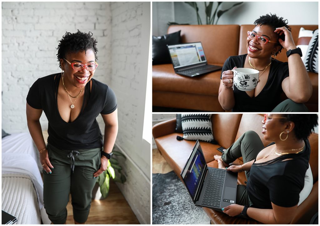 Collage-of-woman-wearing-glasses-working-on-laptop-on-a-couch