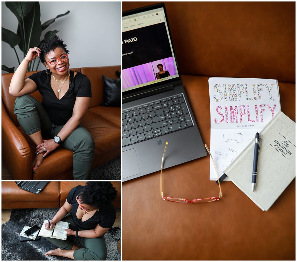 Three-images-of-woman-on-leather-couch-with-laptop-and-books