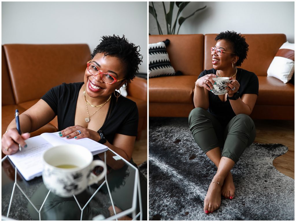 Two-images-of-Woman-wearing-red-glasses-sitting-on-floor-with-coffee