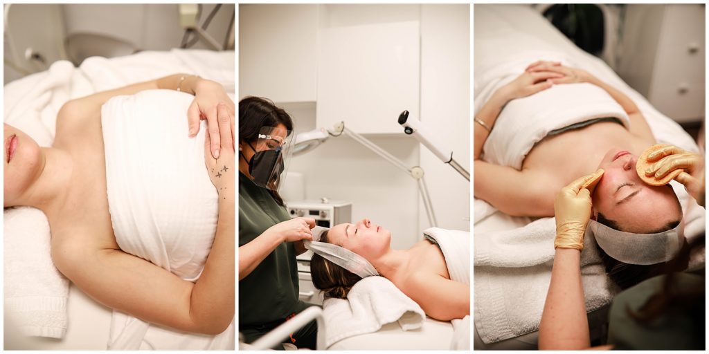 Collage-of-Denver-Esthetician-wearing-green-scrubs-doing-a-facial