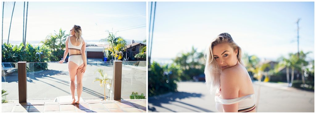 Collage-of-woman-in-white-two-peice-staning-on-patio-with-glass-wall