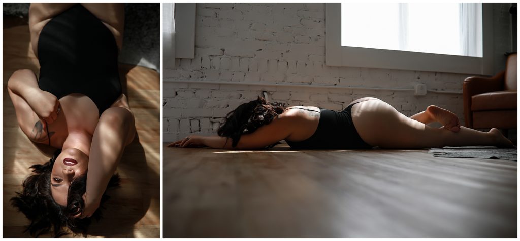 Collage-of-woman-laying-on-floor-in-black-body-suit-in-run-rays