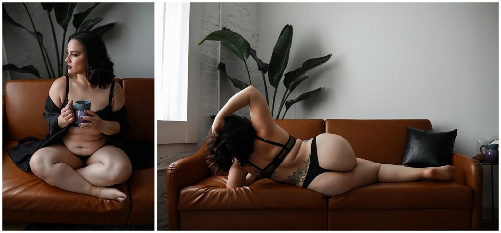 Collage-of-woman-in-black-silk-rob-on-leather-couch