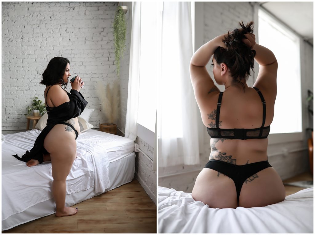 Images-of-woman-in-black-lingerie-and-rob-next-to-white-bed