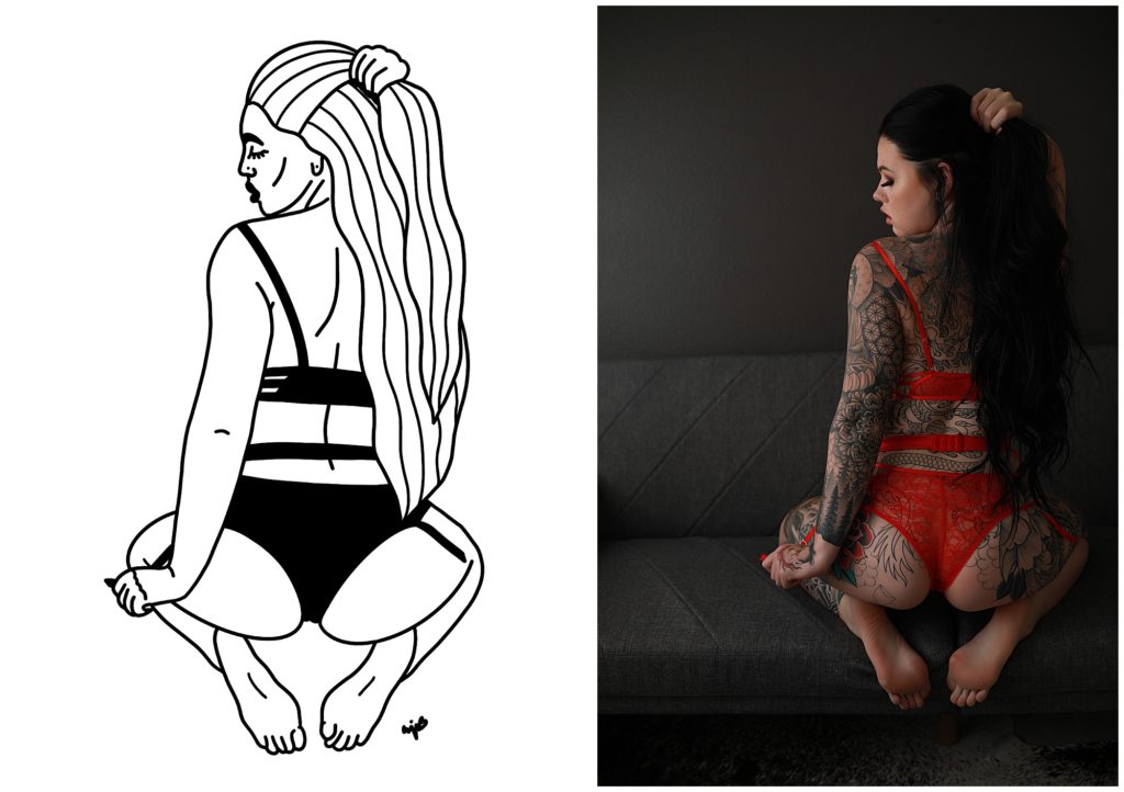 Denver-artist-fine-line-drawing-of-tattoed-woman-in-red-lingerie