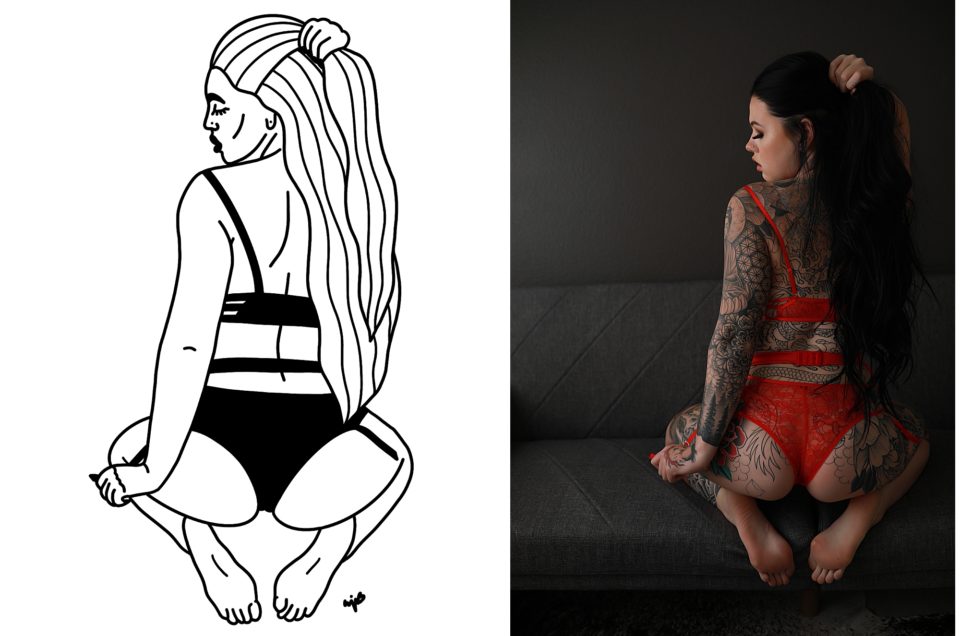 Denver-artist-fine-line-drawing-of-tattoed-woman-in-red-lingerie