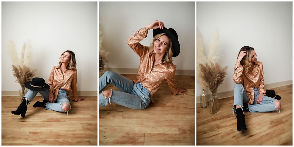 Collage-of-woman-wearing-peach-silk-shirt-and-jeans-posing-on-floor-with-black-hat