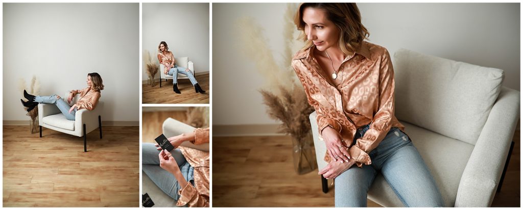 Collage-of-woman-wearing-peach-silk-shirt-and-jeans-posing-on-white-chair