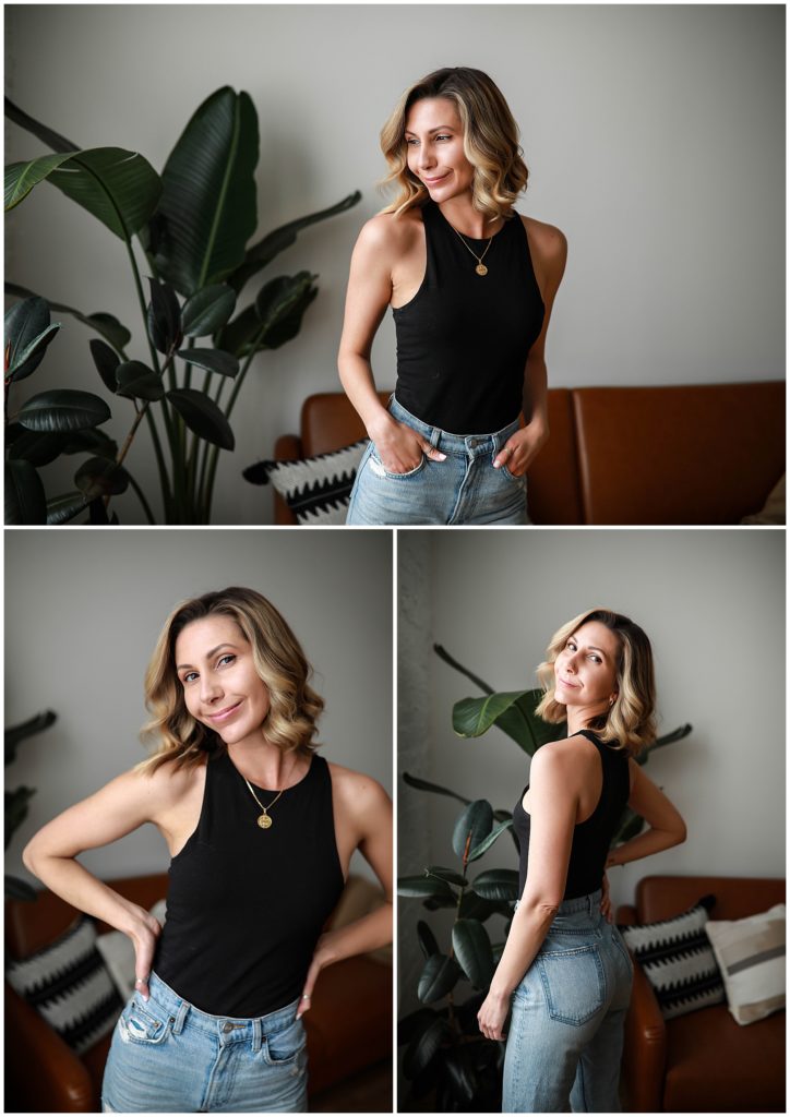 Collage-of-woman-wearing-jeans-black-boots-and-tanktop-posing-in-front-of-couch-and-plants