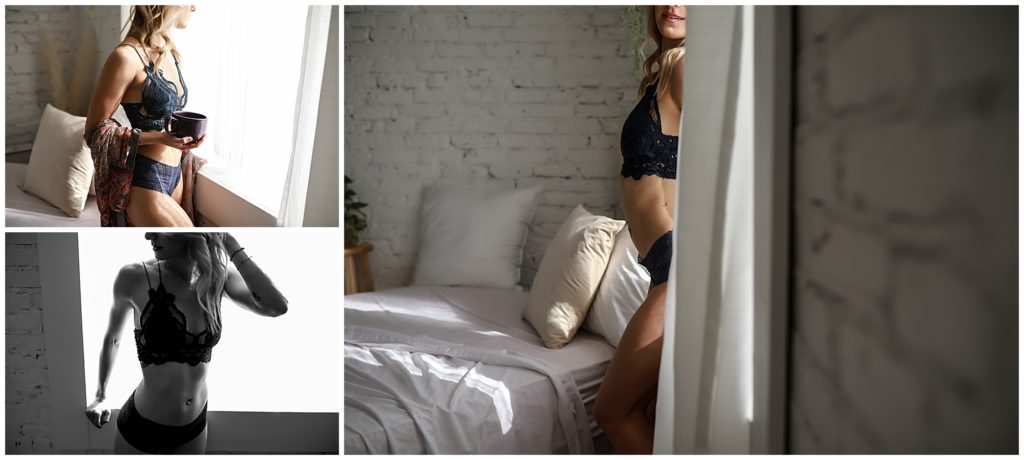 Collage-of-woman-wearing-navy-lingerie-and-cover-staning-in-front-of-window-in-a-white-bedroom