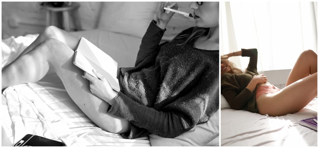 collage-of-Woman-wearing-green-sweater-laying-on-white-bed-reading