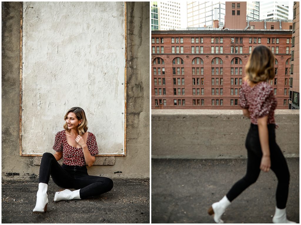 Collage-of-woman-in-black-jeans-and-floral-top-posing-on-the-roof-of-parking-garage-downtown-denver