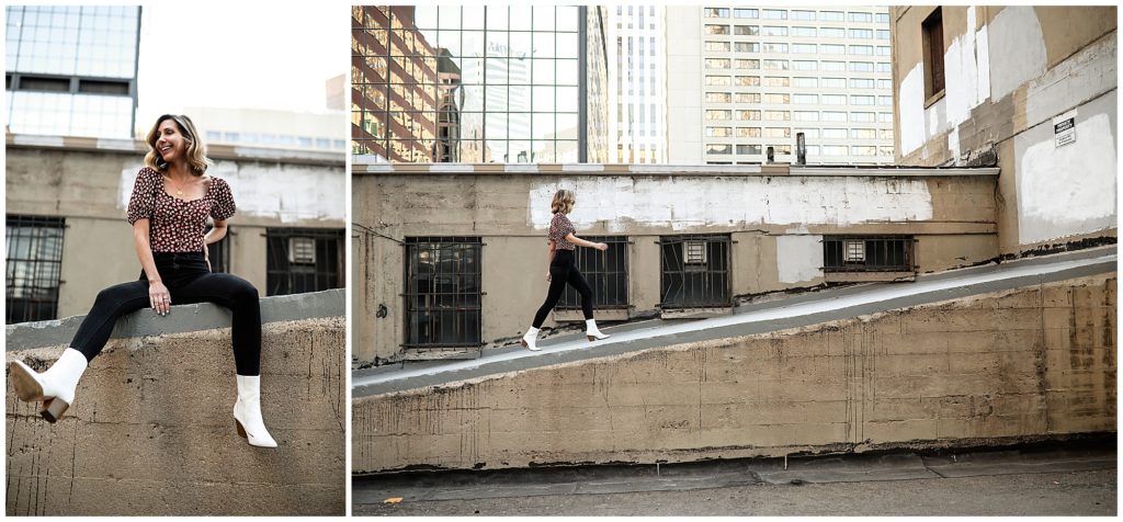 Collage-of-woman-in-black-jeans-and-floral-top-posing-on-the-roof-of-parking-garage-downtown-denver