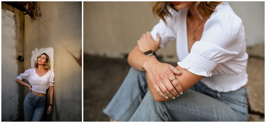 Collage-of-woman-in-jean-and-white-top-posing-on-the-roof-of-parking-garage-downtown-denver