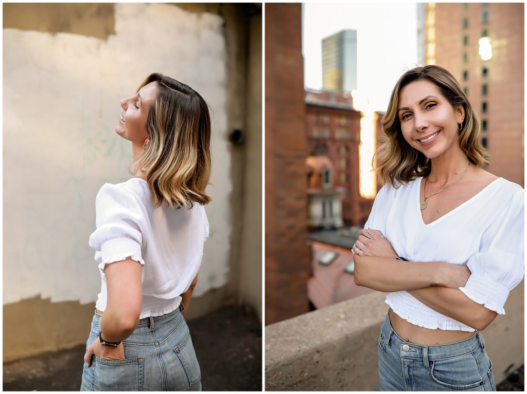 Collage-of-woman-in-jean-and-white-top-posing-on-the-roof-of-parking-garage-downtown-denver