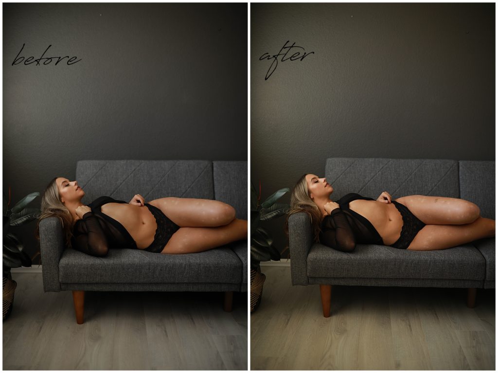 before-&-after-images-that-shows-photo-editing-of-woman-laying-on-dark-couch-wearing-black