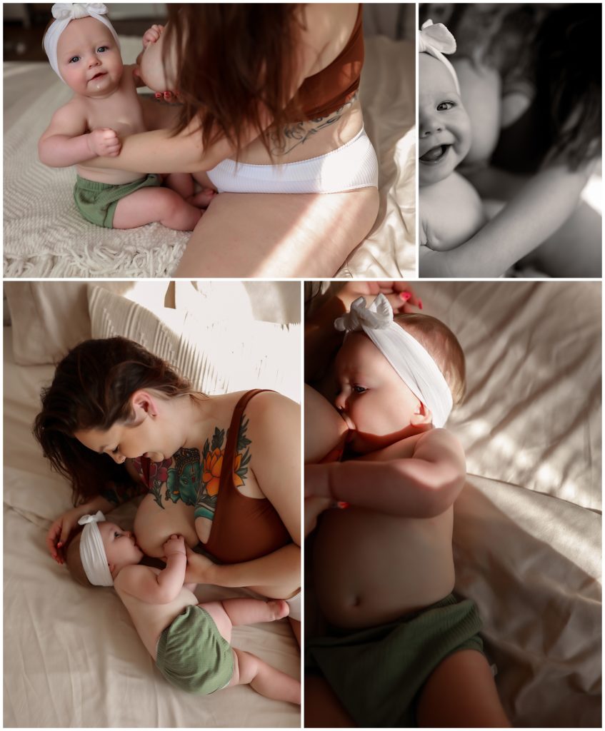 Collage of mommy & me session with tattooed mom breastfeeding baby wearing white headband in bed.