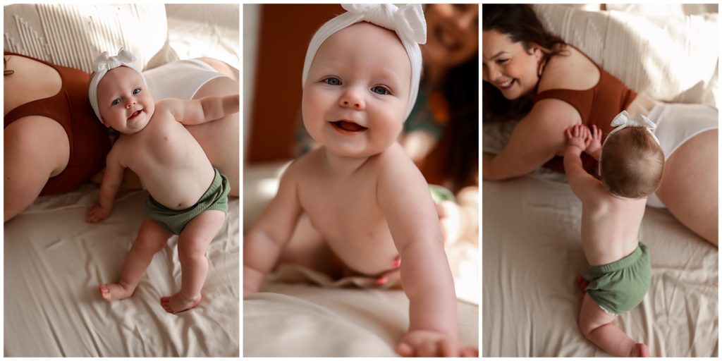 Collage of images of a blue eyed baby cuddling with mom in bed.