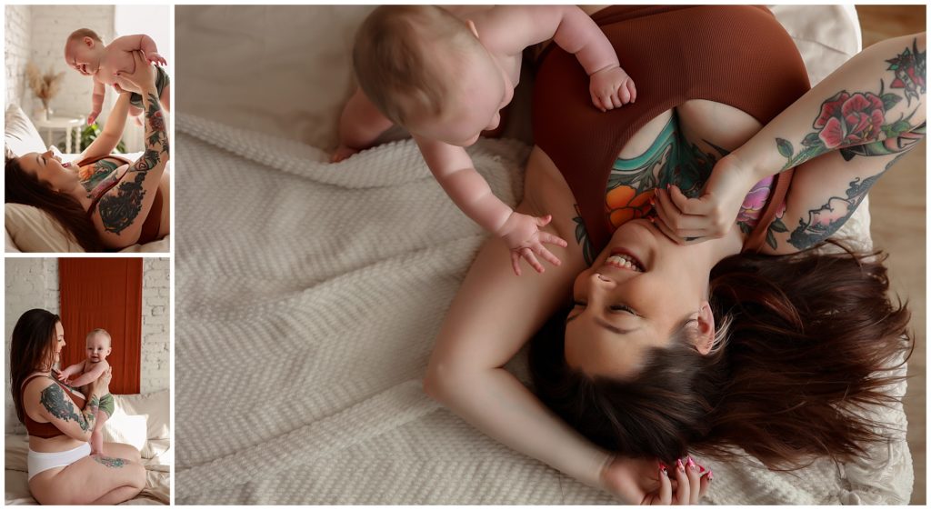 Collage of images of dark haired, tattooed mother laughing with baby in bed.