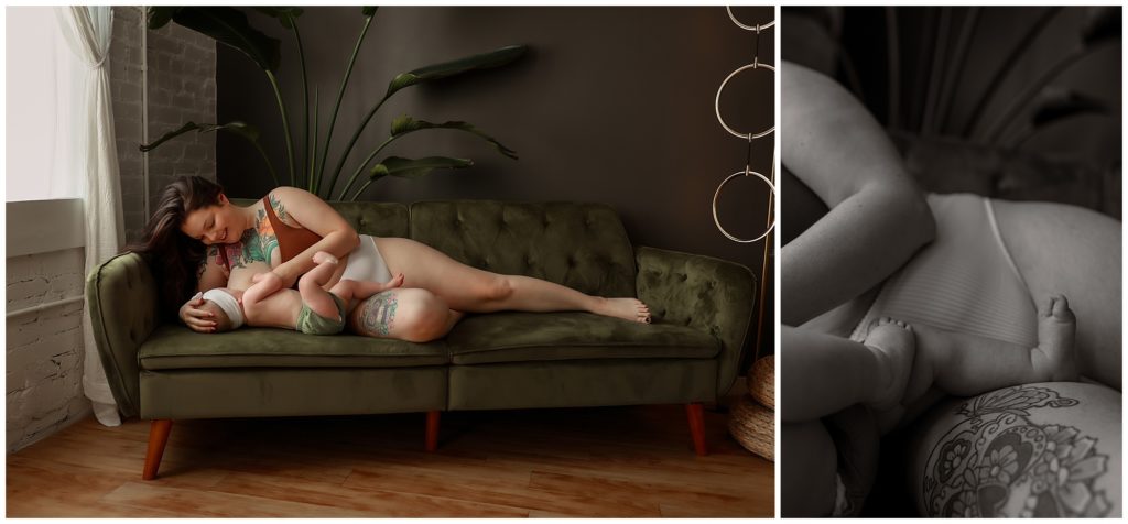 Collage of images of colorful tattooed woman breastfeeding a baby on green velvet couch.