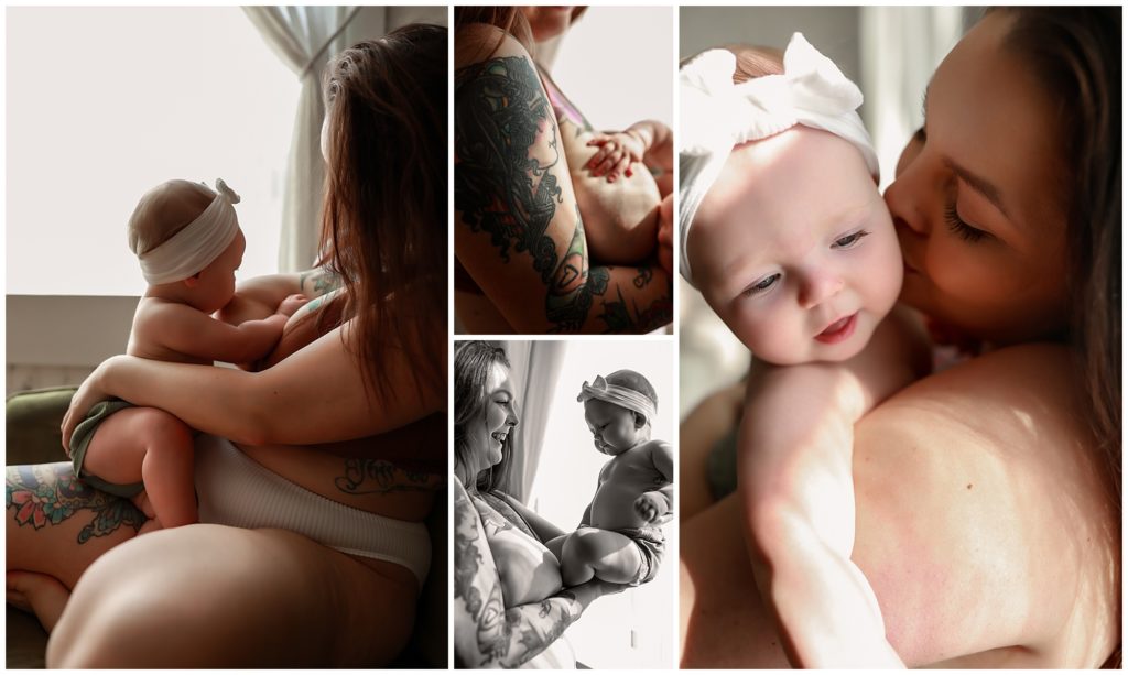 Collage of images with mom and baby breastfeeding and cuddles.