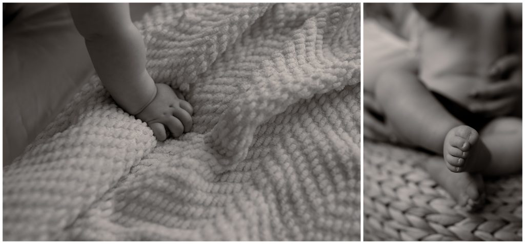 Black and white collage of detailed baby hands and feet.