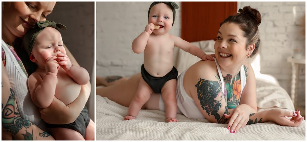 Collage of images with mommy and baby eating.