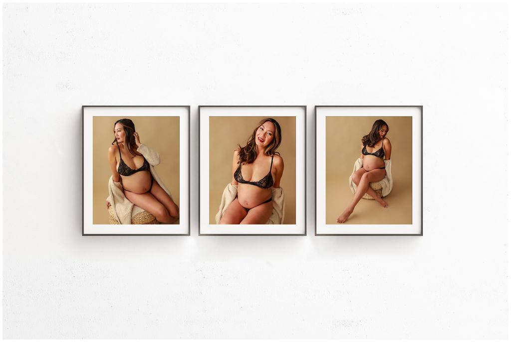 three black frames with maternity photos