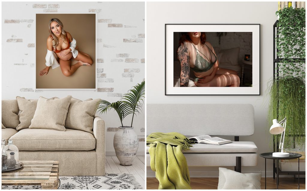 two images of living rooms with large wall art