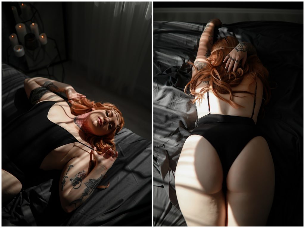 Collage of red haired woman posing on grey bed in black bodysuit.
