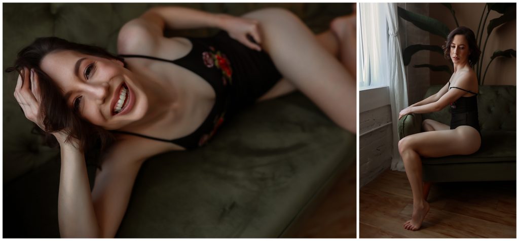 Collage of woman in black lingerie posing on green velvet couch.