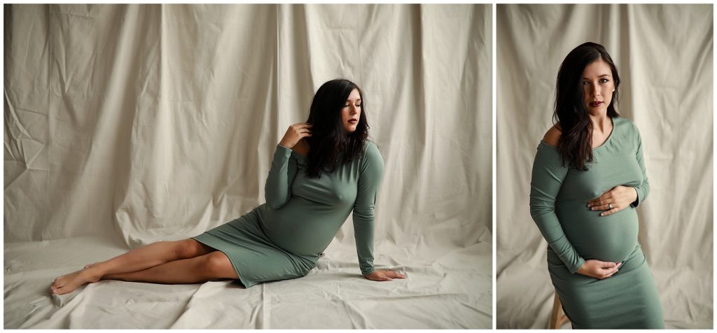 Maternity poses with woman in green dress.