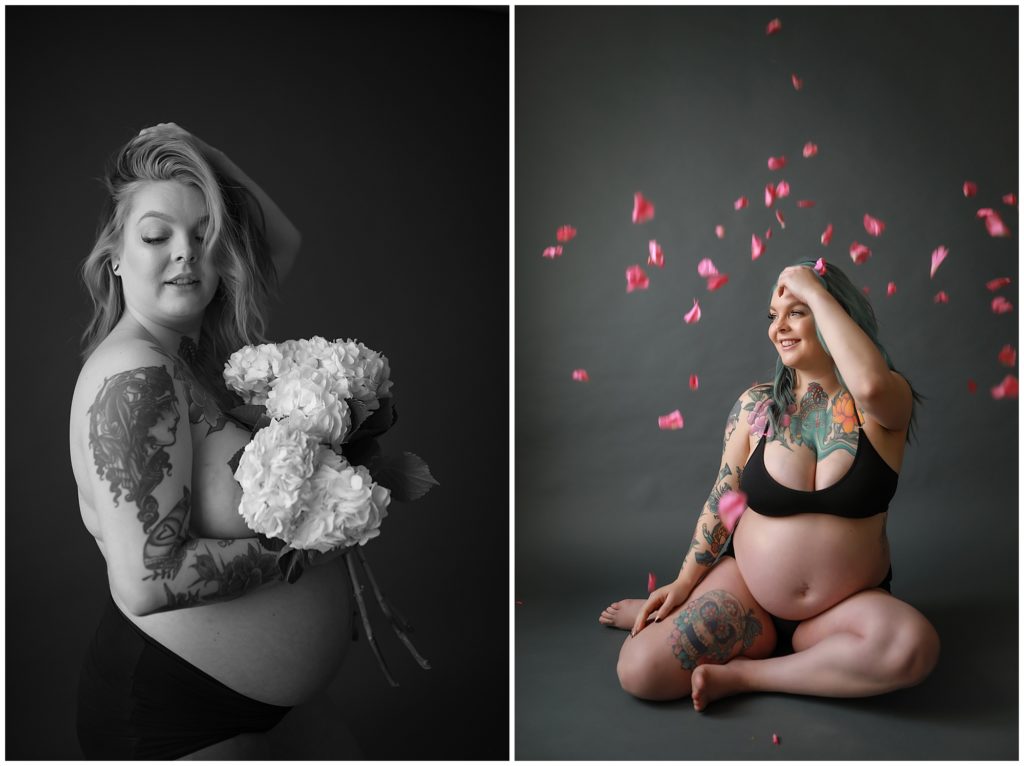 Pregnant woman posing with flower petals.