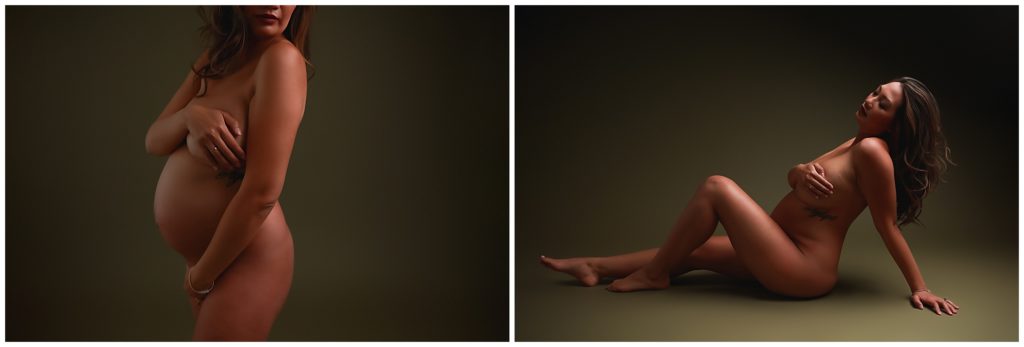Collage of naked pregnant woman posing in bright light.