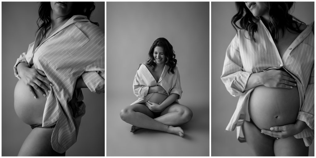 Collage of maternity images with woman in button up shirt.