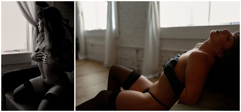 Collage of woman in stocking and black gloves posing in couch.