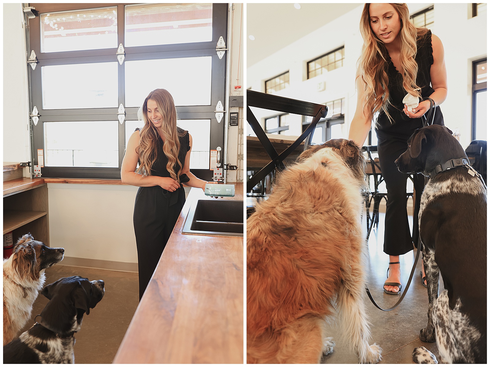 A woman with long hair interacts with three dogs indoors. In the image on the left, she stands by a sink while the dogs look up at her. On the right, she is feeding treats to two of the dogs.