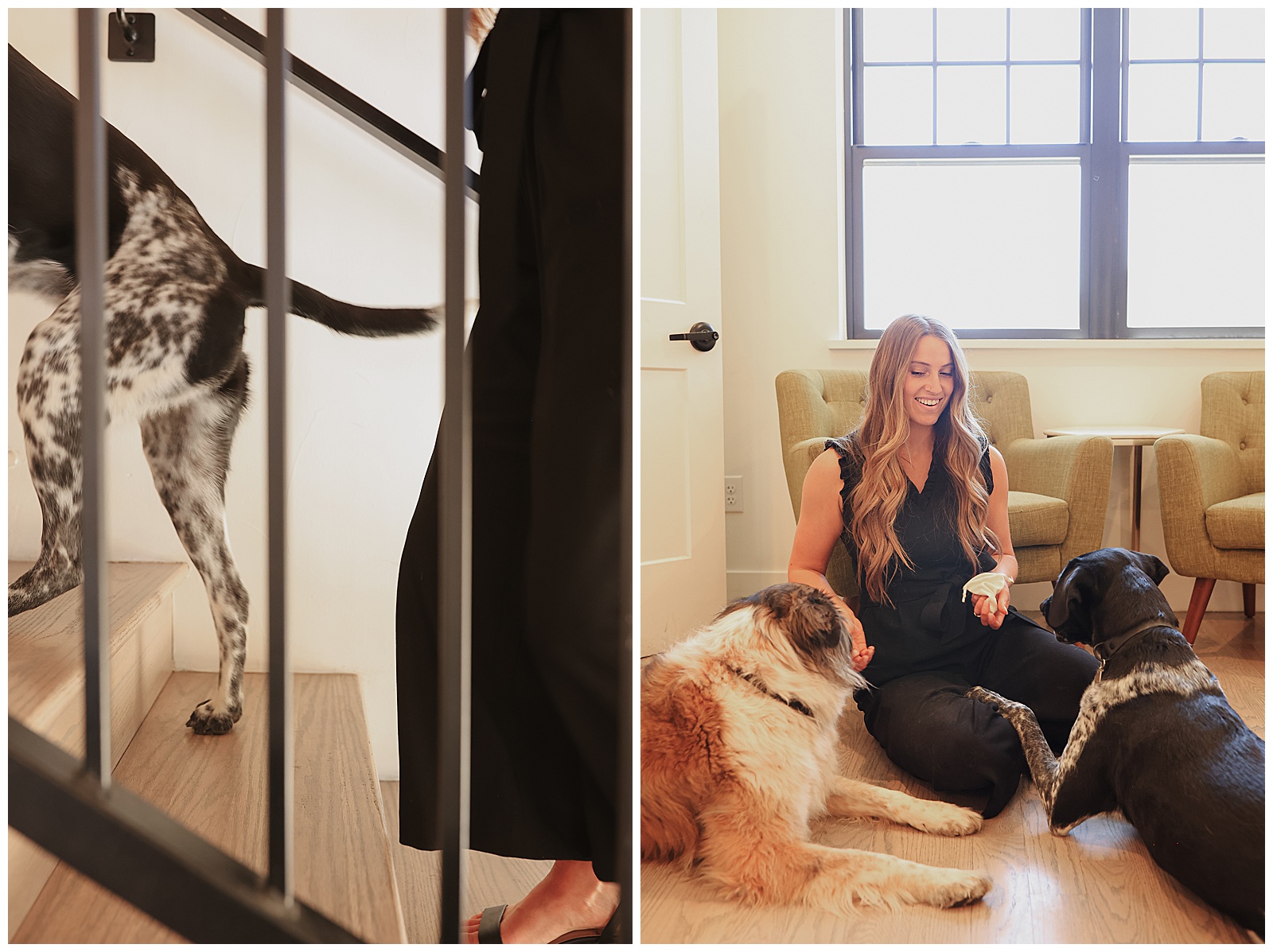 A person in a black outfit is seen with two dogs indoors. One image shows the person's legs and a dog ascending stairs; the other shows the person sitting on the floor with the dogs.